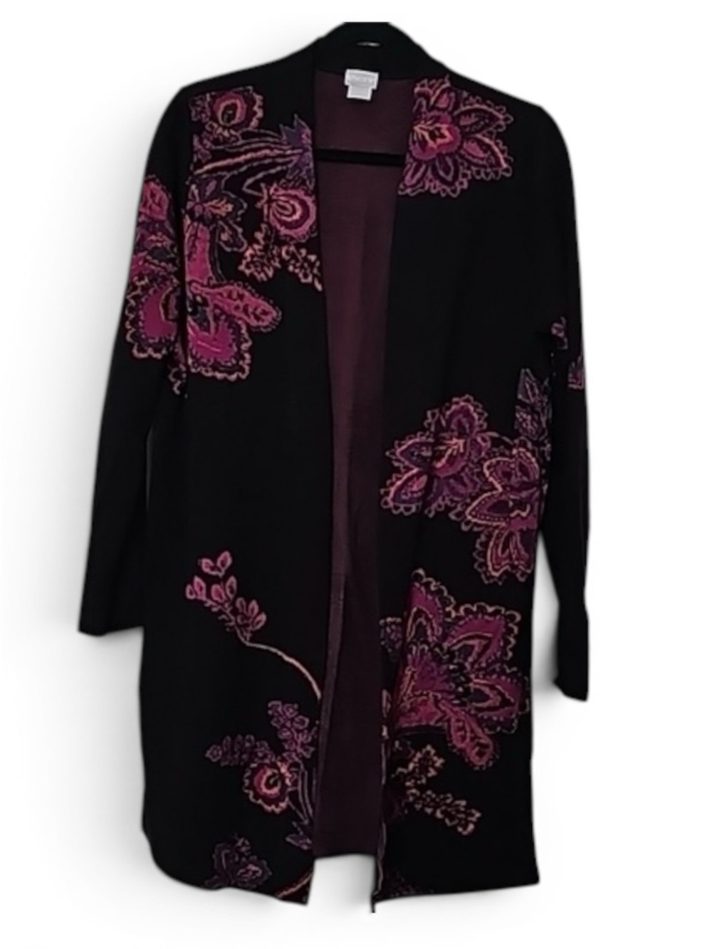 Chico's Jacquard Black Open-Front Cardigan with Pink Floral Motif